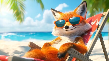 Cool Fox with Sunglasses Relaxing on the Beach – Cute Summer Illustration