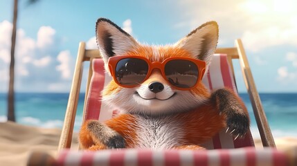 Cool Fox with Sunglasses Relaxing on the Beach – Cute Summer Illustration