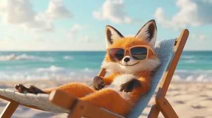 Cool Fox with Sunglasses Relaxing on the Beach – Cute Summer Illustration
