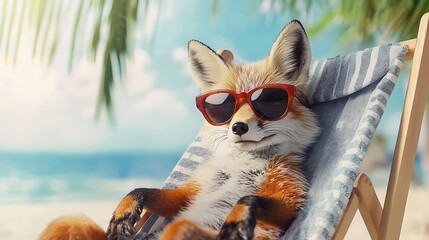 Cool Fox with Sunglasses Relaxing on the Beach – Cute Summer Illustration
