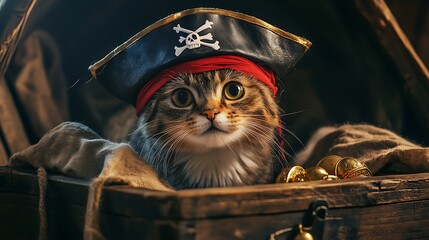 Pirate Cat with Treasure Chest &ndash; Funny Adventure Illustration
