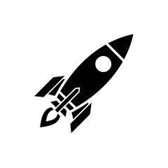 Black silhouette of a rocket ship launching with a flame, symbolizing progress and space exploration.