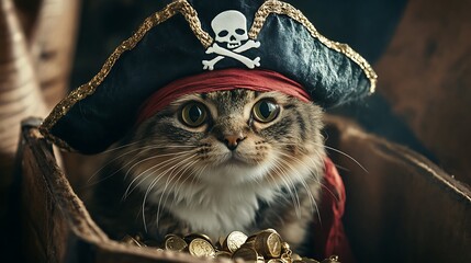 Pirate Cat with Treasure Chest &ndash; Funny Adventure Illustration