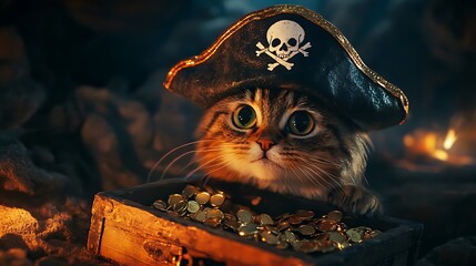Pirate Cat with Treasure Chest &ndash; Funny Adventure Illustration