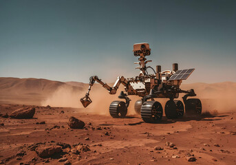 Robotic rover explores dusty Mars terrain.
