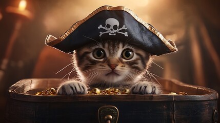 Pirate Cat with Treasure Chest &ndash; Funny Adventure Illustration