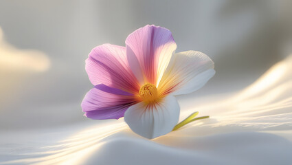 Cinematic photograph of a single vibrant flower with delicate petals and gentle curves, set against a serene soft white background, captured in warm natural light with shallow depth for detail, clarit