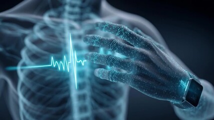 Digital heart rate monitor wearable technology health tracking with digital hand smartwatch touching virtual heartbeat line transparent human chest - Powered by Adobe