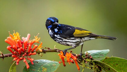 Colorful Bird on a Branch with Flowers.