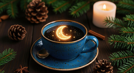 Cozy cup of coffee with a glowing magical moon and stars inside. Concept of winter comfort, fantasy, and peaceful night dreams.
