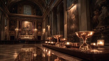 A dimly lit church interior with ornate decorations. Golden chalices and candles are arranged on a reflective surface. The atmosphere is serene and spiritual.