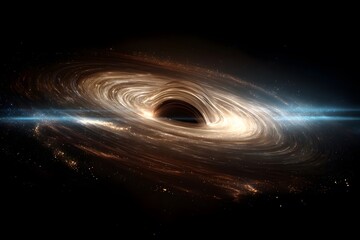 A swirling black hole surrounded by glowing accretion disk light in the dark.