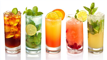 array of refreshing beverages, Colorful Summer Drinks adorned with fruit slices, ice, and garnishes. Perfect for parties, events, or promoting refreshment-focused advertisements.