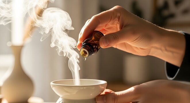Hand dripping essential oil into a diffuser for aromatherapy and relaxation.