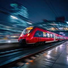 Fototapeta premium A red train moves swiftly along the tracks at night. The scene is illuminated by city lights and reflects a modern urban environment.