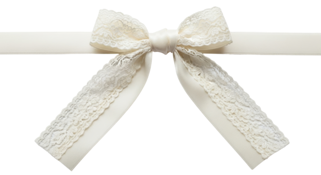 Ivory lace bow on ribbon isolated PNG with Transparent Background