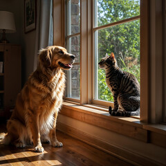 Dog and Cat Sitting Together by Window