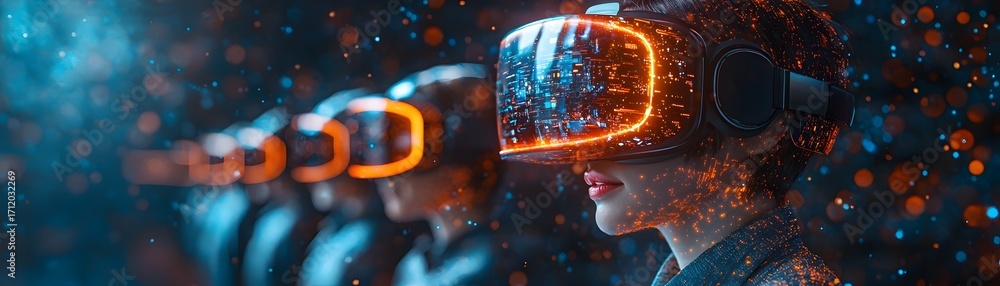 Poster immersive virtual reality experience with a person wearing a futuristic headset in a glowing digital