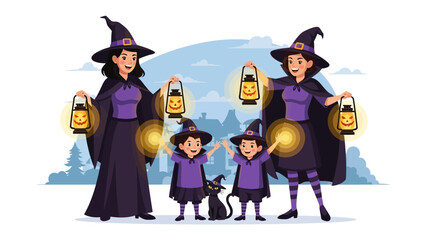 Halloween Witch Family: A festive illustration capturing a happy witch family. Two witches holding lanterns next to two kids with their pet cat in a cute illustration of this spooky celebration. 