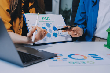 Businessman talks ESG environmental social governance policy for modish business.