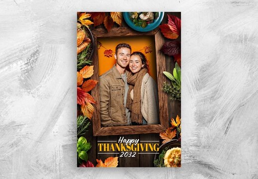 Thanksgiving Dinner Flyer Template with Rustic Autumn Table Scene & Fall Leaves