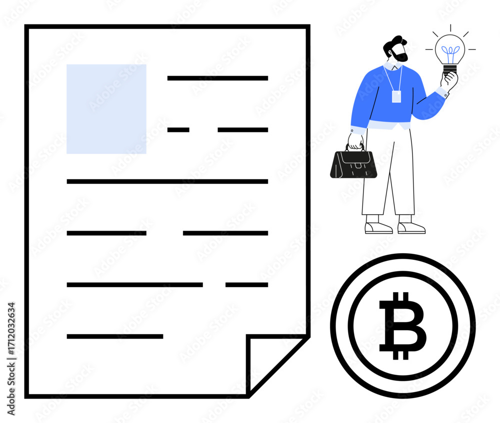 Poster businessman holding lightbulb idea and briefcase near document with text lines and a bitcoin logo. i