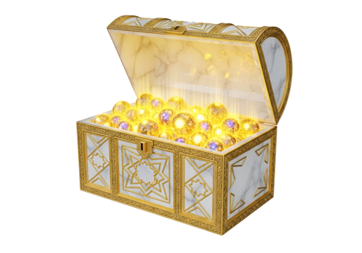 An ornate, golden treasure chest, brimming with glowing orbs, opens to reveal a captivating display of wealth and light.