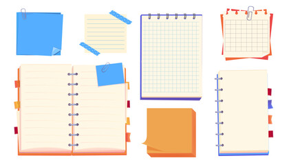 Notes pages reminder. Bulletin paper, lined list set, notebook office or school blank notebook for homework and exercises. Sticky stickers reminders, notebook clippings, stationery, planner, 