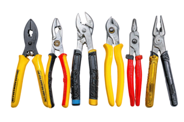 Assortment of Pliers with Yellow and Red Handles on Black Background