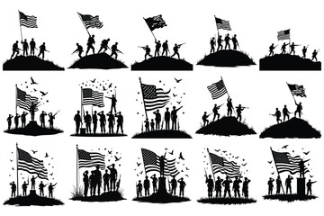 Naklejka premium Silhouettes of soldiers raising American flags on hills 3