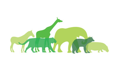 A group of different wild animal silhouettes, including a giraffe, elephant, and big cat, are arranged in a row. They are shown in varying shades of green, creating a simple and graphic illustration.