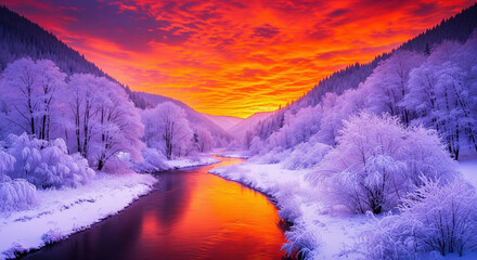 Surreal winter landscape with purple snow and a fiery orange sunset. Concept of fantasy nature, vibrant color, and a magical dream scene.