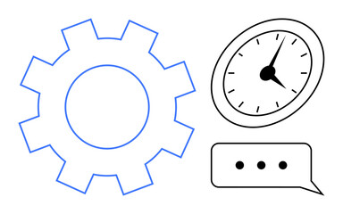 Gear illustrates process, clock for time management, speech bubble for communication. Ideal for productivity, teamwork, planning, collaboration, workflow time tracking creative strategy. Minimalist