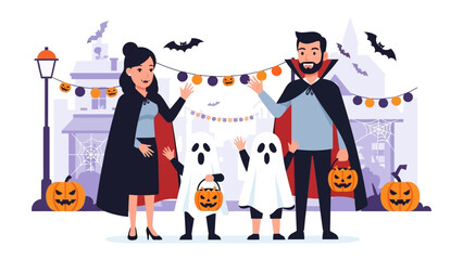 Happy Halloween Family in Costumes: A festive Halloween scene featuring a family dressed in costumes, standing in front of a decorated house with pumpkins and other Halloween decorations.
