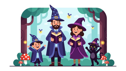 Wizarding Family's Magical Reading: A heartwarming illustration showcases a wizarding family engrossed in the pages of spellbooks, surrounded by enchanted forest elements.