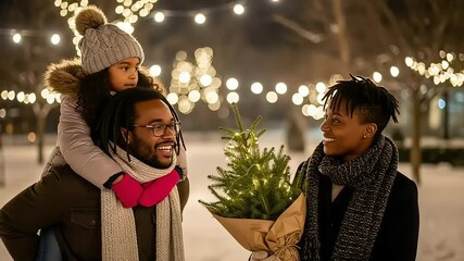 A happy family enjoys a winter evening, with the father carrying their child on his shoulders and the mother holding a small christmas tree - Powered by Adobe