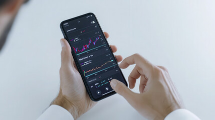 Person using smartphone to analyze stock market data, showcasing financial graphs and trends. focus is investment