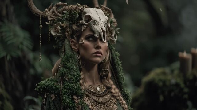 Woman druid with braided hair in ritual costume with skull on head among forest background. Fantasy movie plot for shamanism concept.
