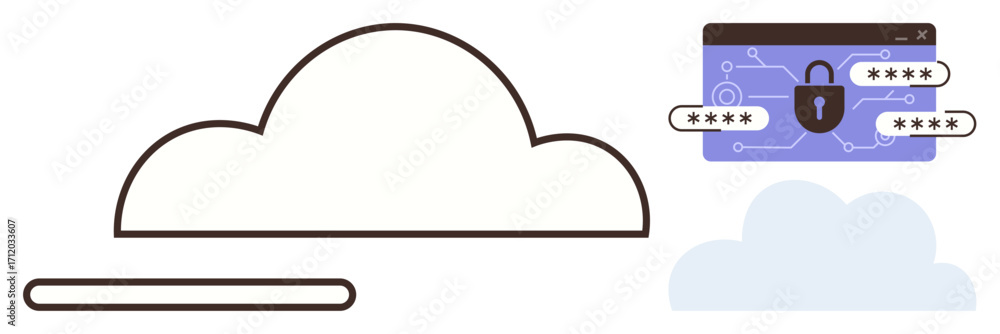 Poster cloud graphic with a secure browser tab featuring a lock and password fields in a minimal style. ide