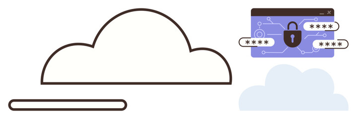 Cloud graphic with a secure browser tab featuring a lock and password fields in a minimal style. Ideal for storage, cybersecurity, encryption, privacy, technology, safety, data access. Simple flat