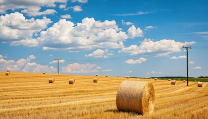 Harvest season action in rolling fields of hay bales agricultural landscape rural scenery bright blue sky
