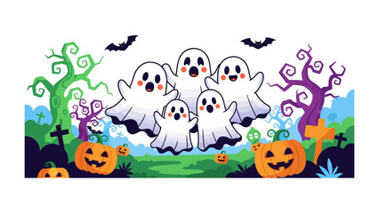 Halloween Gathering of Friendly Ghosts: A charming, cartoonish depiction of a cheerful gathering of friendly ghosts, complete with jack-o'-lanterns, gnarled trees, and bats.