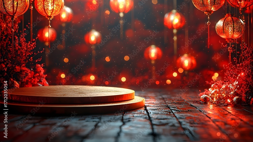 Poster empty wooden podium set against a festive red background with glowing lanterns and bokeh lights