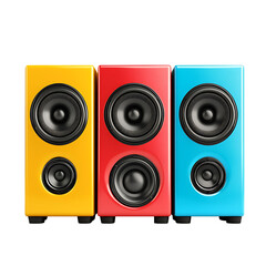Vibrant Trio of Sound: A set of three vivid loudspeakers, each bathed in primary colors, poised to deliver an immersive audio experience, isolated on transparent background