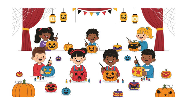 Children carving Halloween pumpkins: Group of children are enthusiastically crafting and decorating pumpkins for the spooky season, in a vibrant and cheerful setting.