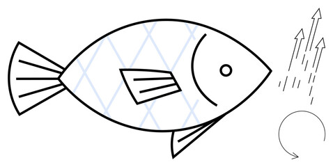 Fish with diamond textures, curved lines, and upward arrows suggest evolution, growth, innovation, and sustainability. Ideal for ecology, biology, innovation fishing renewable energy minimalism