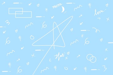 Cute abstract doodle background in blue with hearts, stars, moon, arrows, and love elements. Perfect for romantic, kids, creative, and modern design projects.