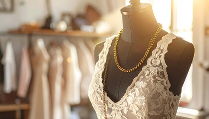 Elegant lace dress on a mannequin with golden necklace.