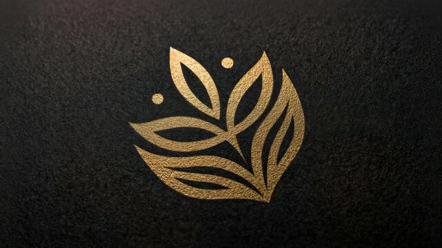 Abstract golden leaf logo design embossed on dark textured background, featuring minimalist natural elements, concept of luxury branding