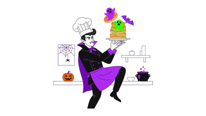 Spooky Chef's Sweet Delights: An illustration showcasing a chef dressed in Halloween attire, creatively presenting a stack of pancakes adorned with thematic toppings and playful, ghost, bat, cauldron.
